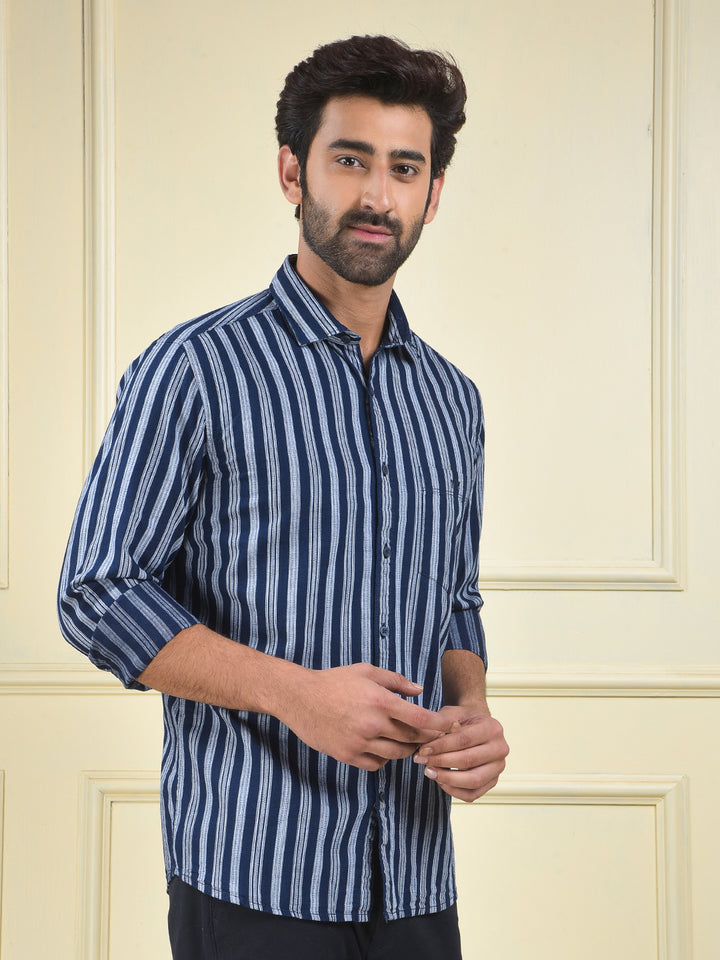 Navy Blue Vertical Stripes 100% Cotton Shirt