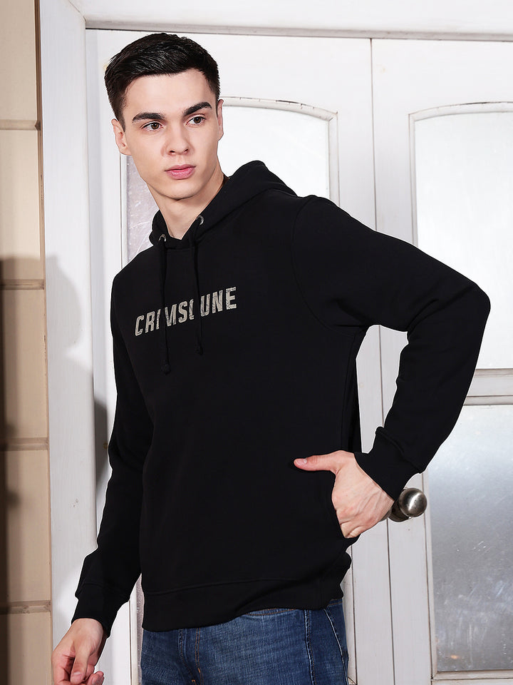 Black Typographic Print Hooded Neck Sweatshirt