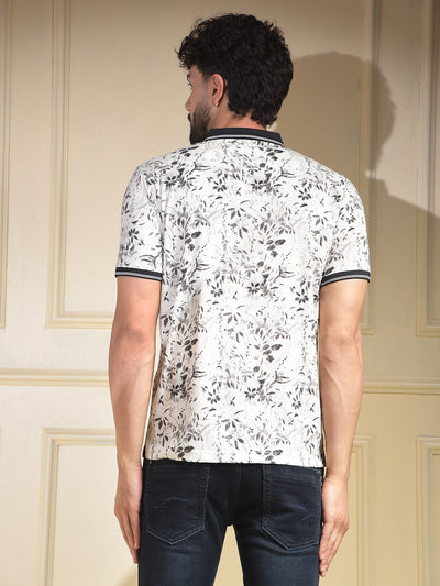 Black Floral Print Polo-Neck T-Shirt
