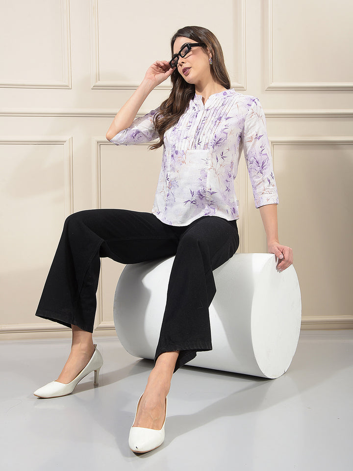 Purple Linen Round Neck Floral Printed Top