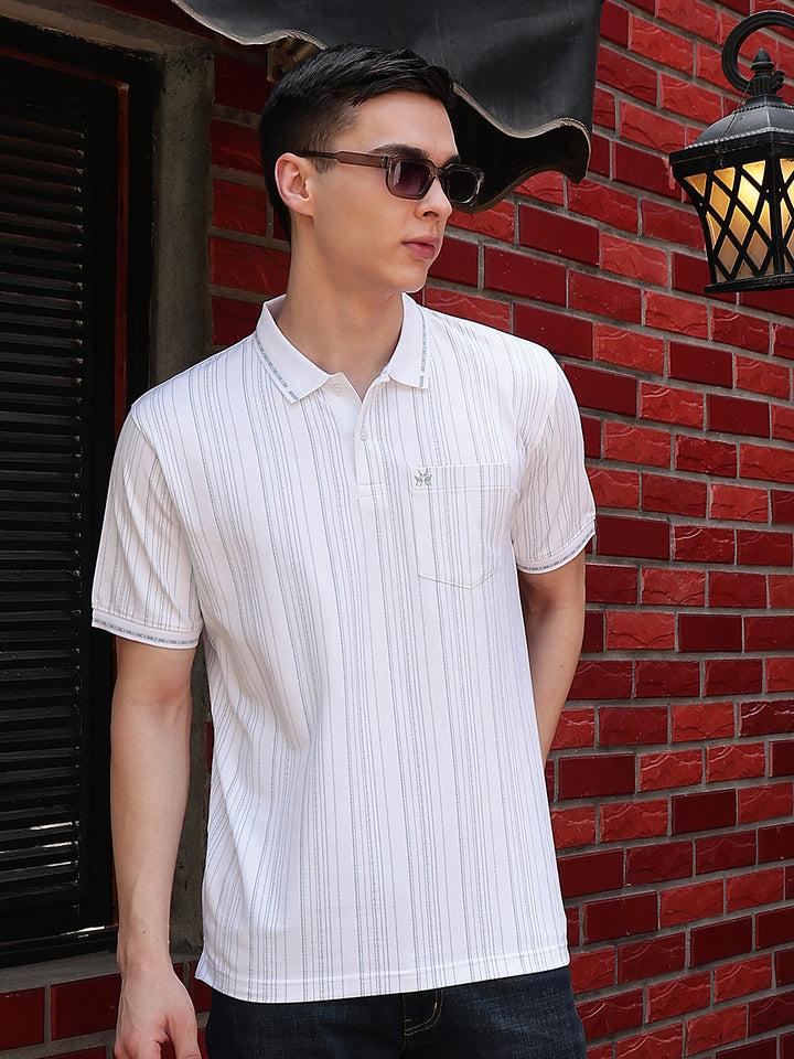 White Vertical Stripes Polo Neck T-Shirt