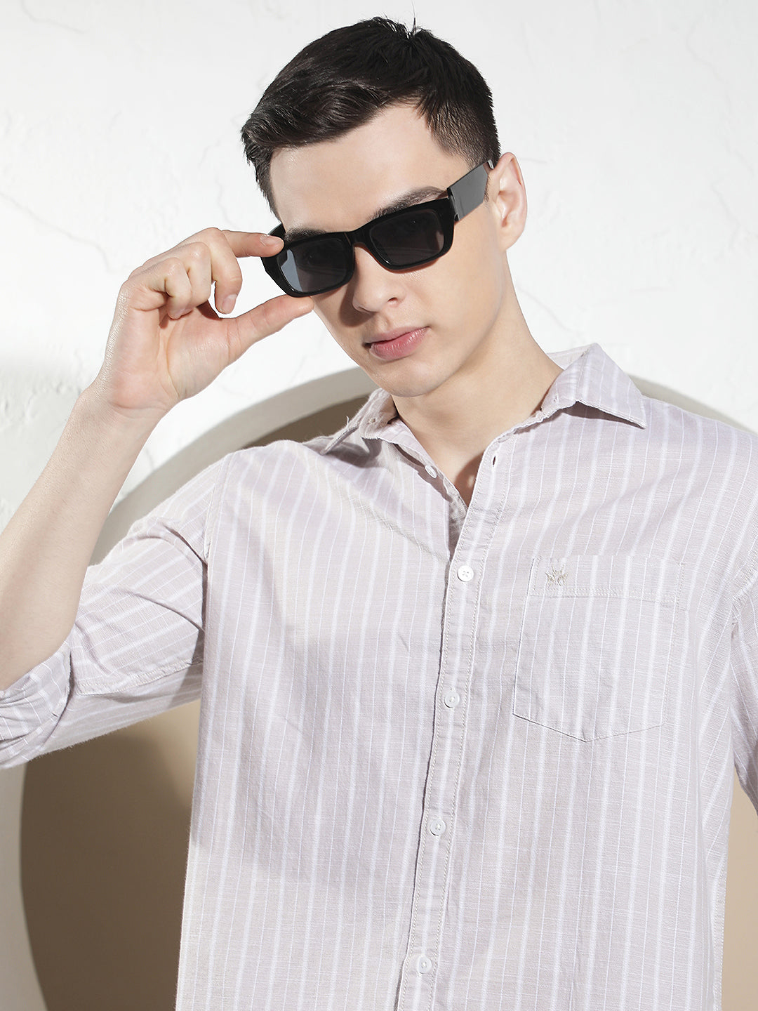 Beige Vertical Stripes 100% Cotton Shirt