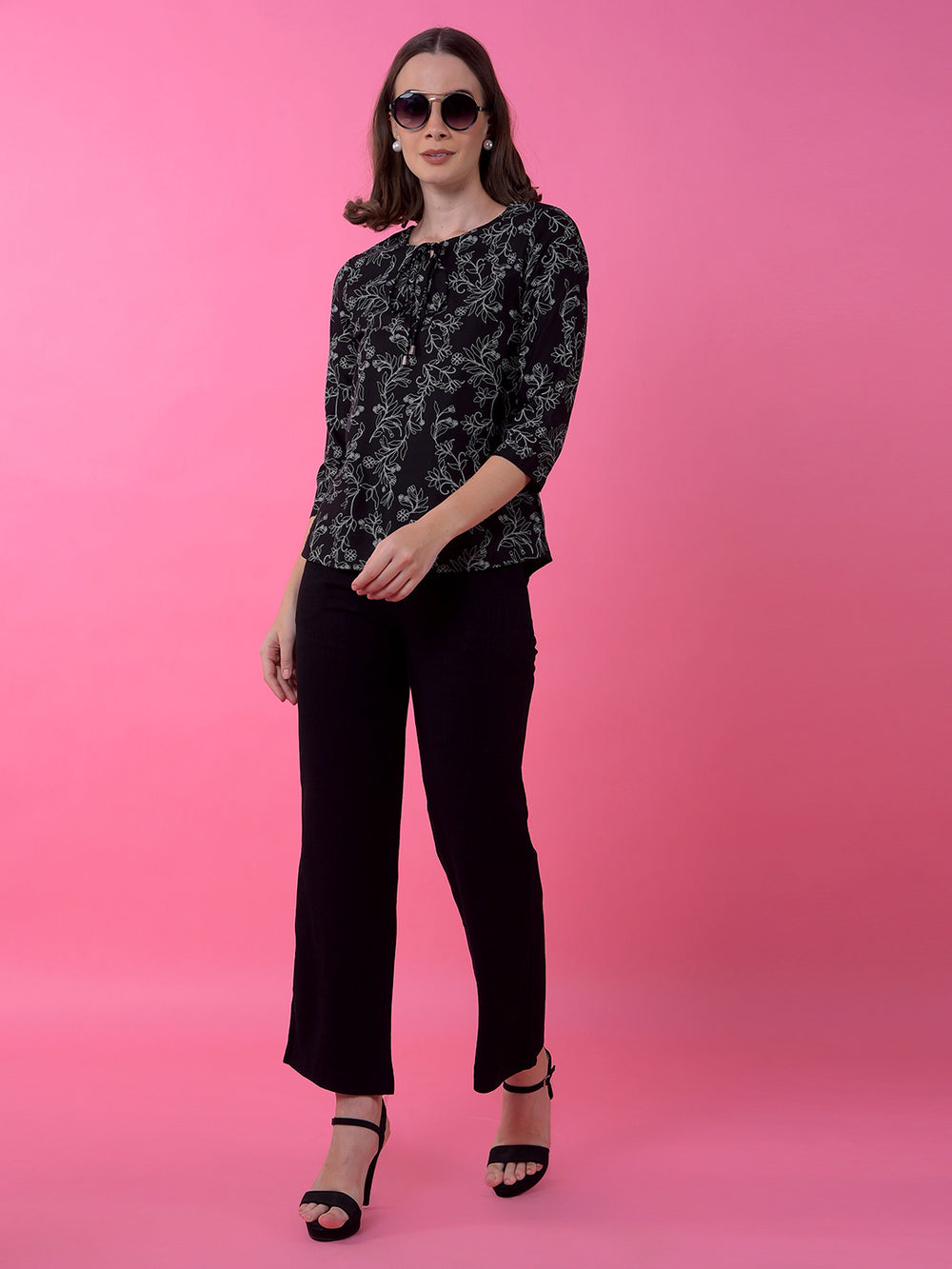 Black Floral Print Tie-Up Top