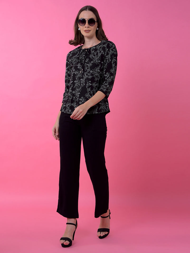 Black Floral Print Tie-Up Top