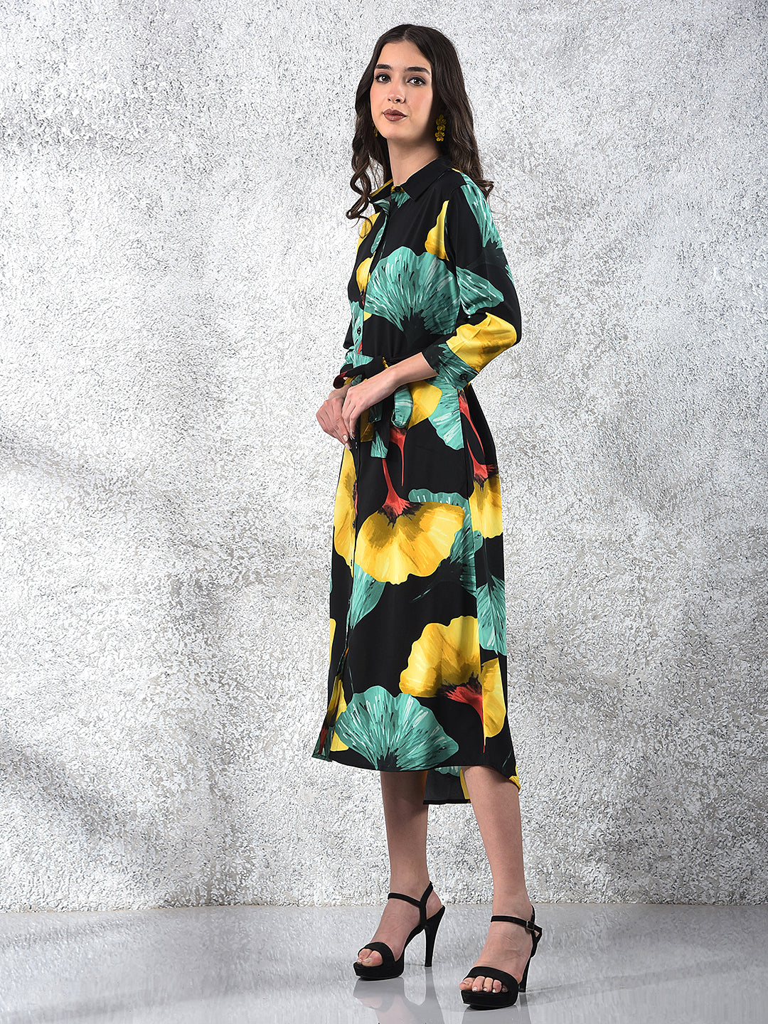 Black Floral Print Midi Shirt-Dress With Belt