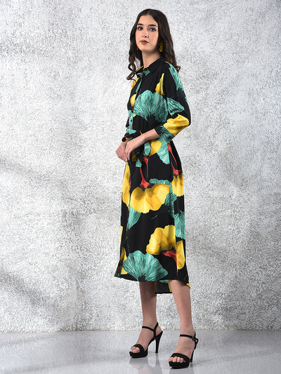 Black Floral Print Midi Shirt-Dress With Belt