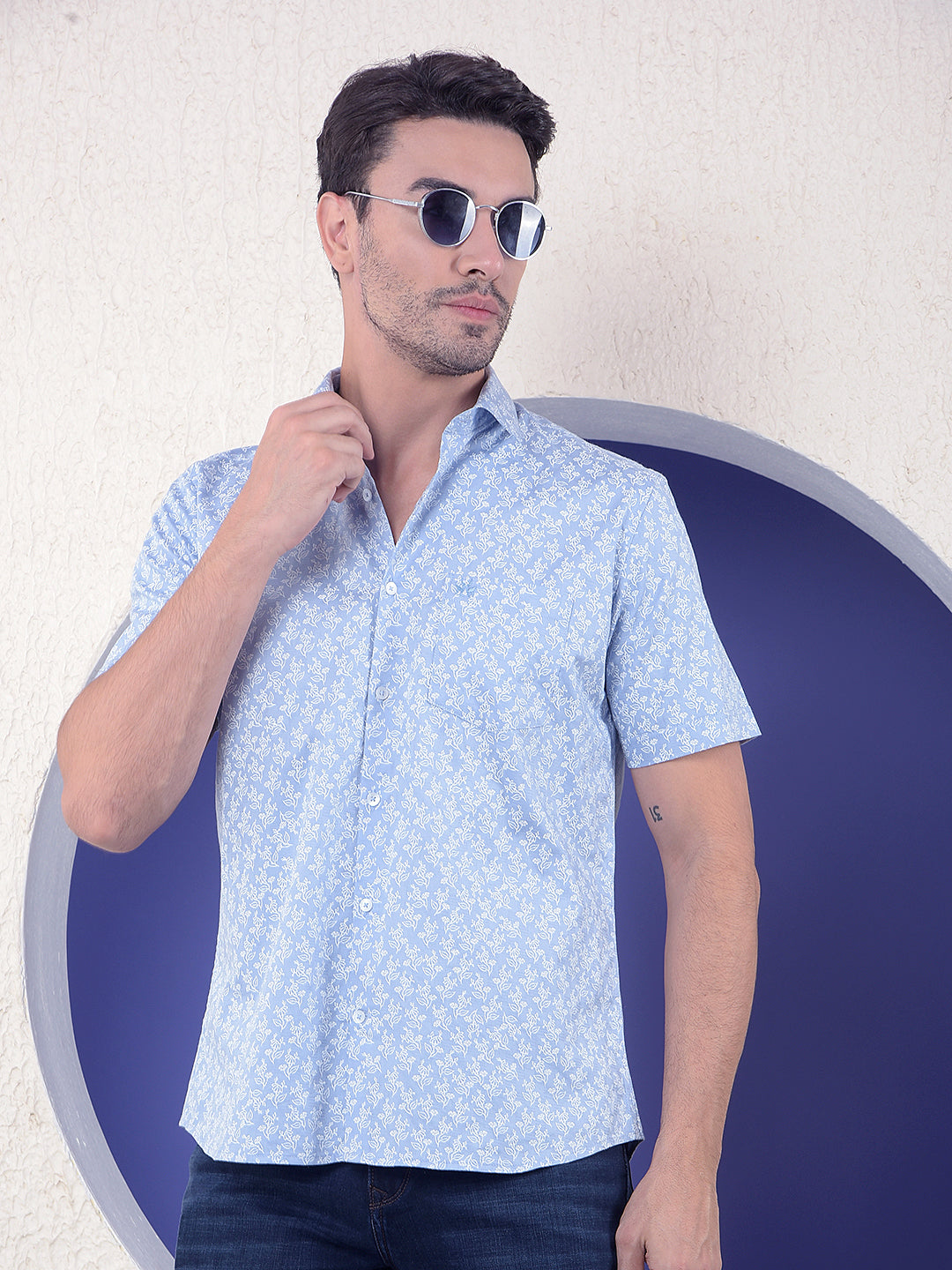 Blue Floral Print 100% Cotton Shirt