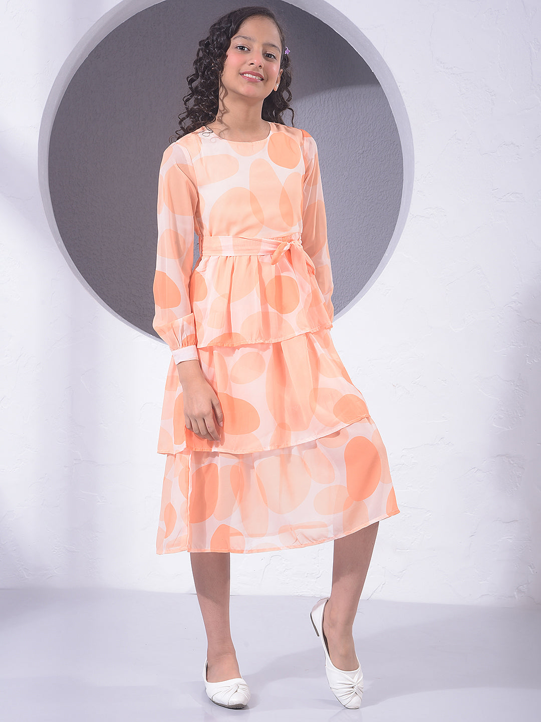 Orange Printed A-Line Dress With Belt