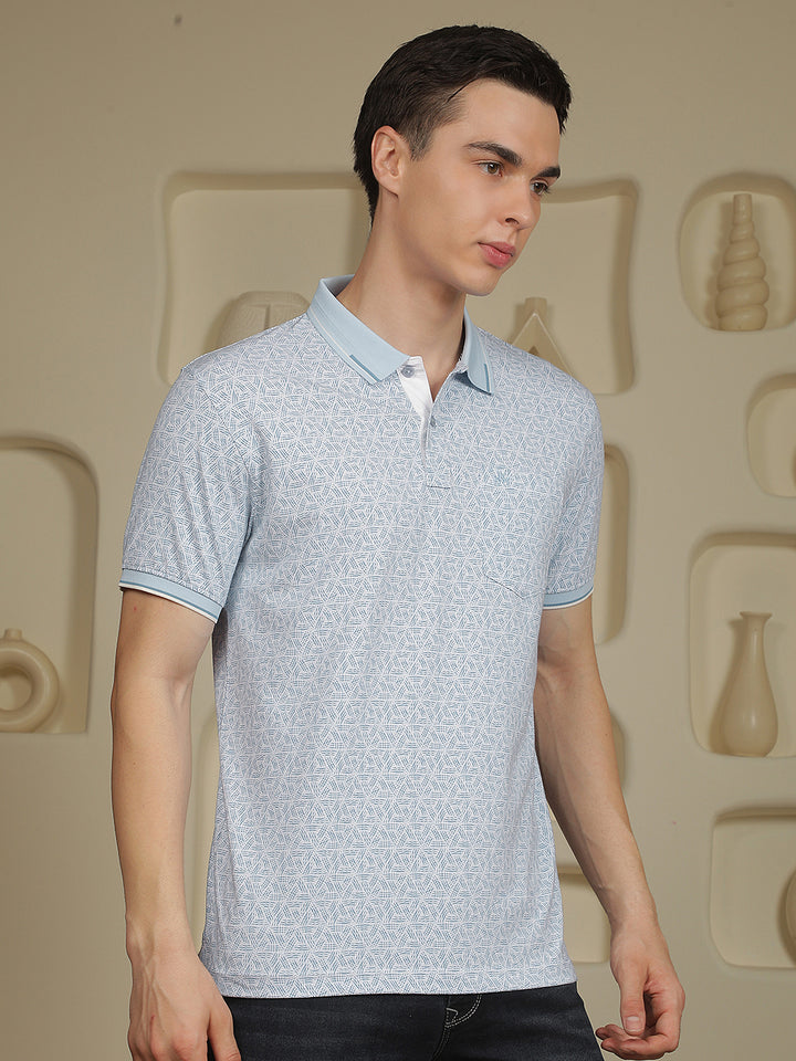 Blue Printed Polo Neck T-Shirt