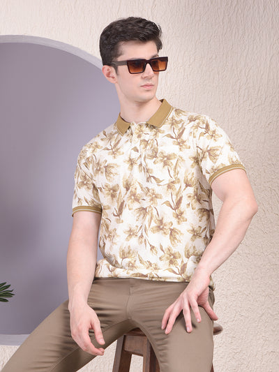 Green Floral Print Polo-Neck T-Shirt
