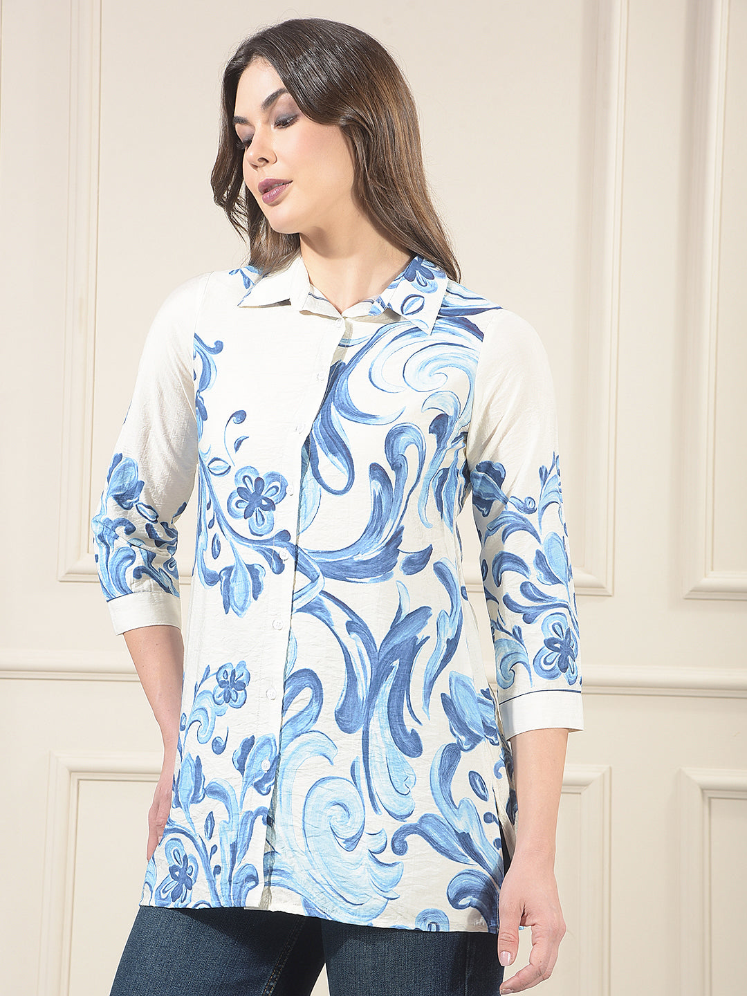 Blue Floral Print Mid-Thigh Length Shirt