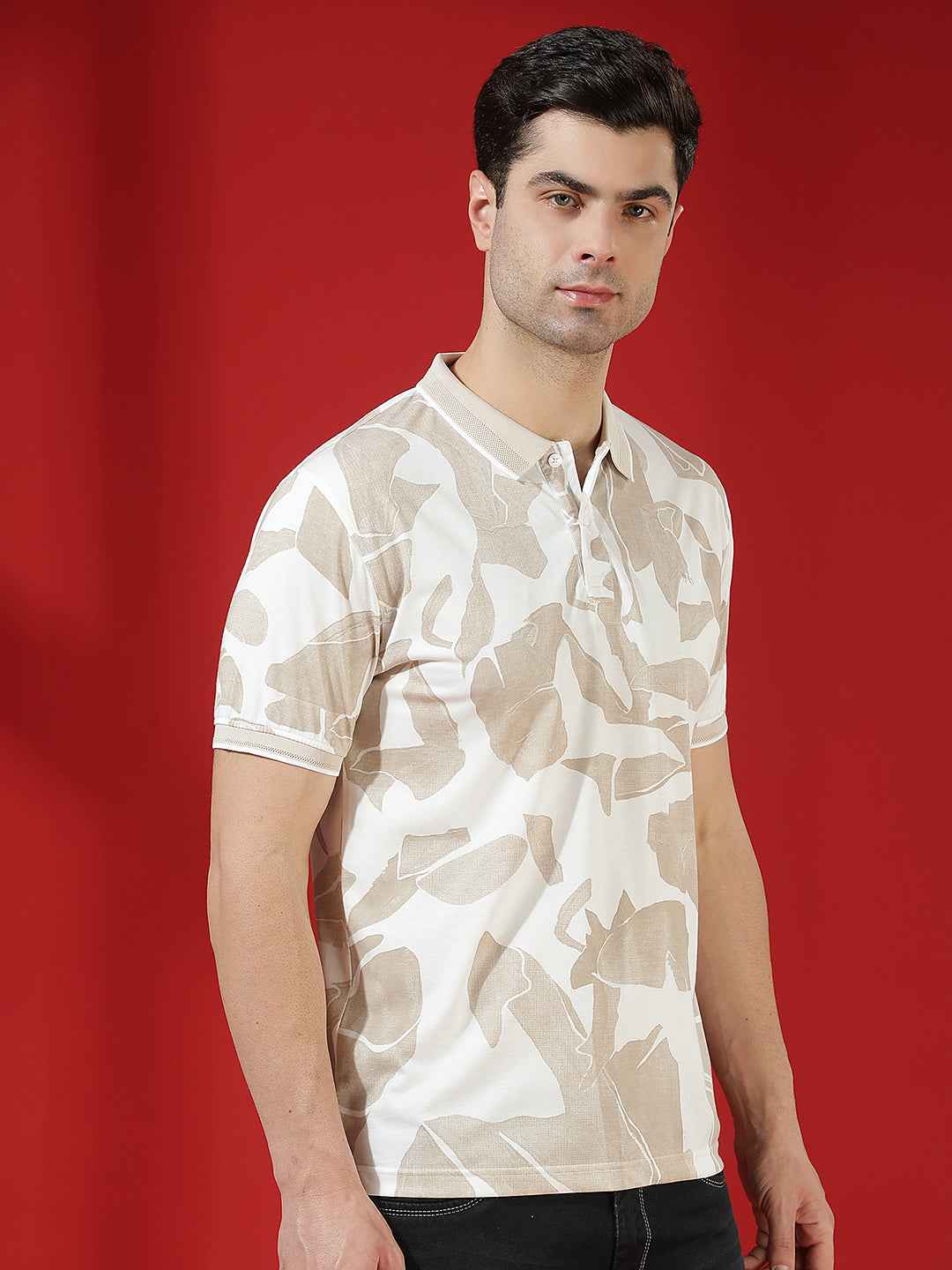 Beige Camouflage Print Polo T-Shirt