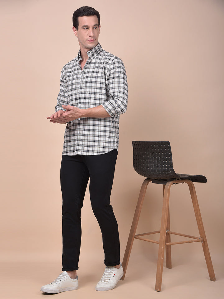 Beige Checked Button-Down Collar 100% Cotton Shirt