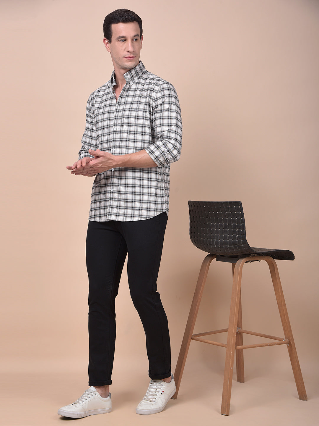 Beige Checked Button-Down Collar 100% Cotton Shirt