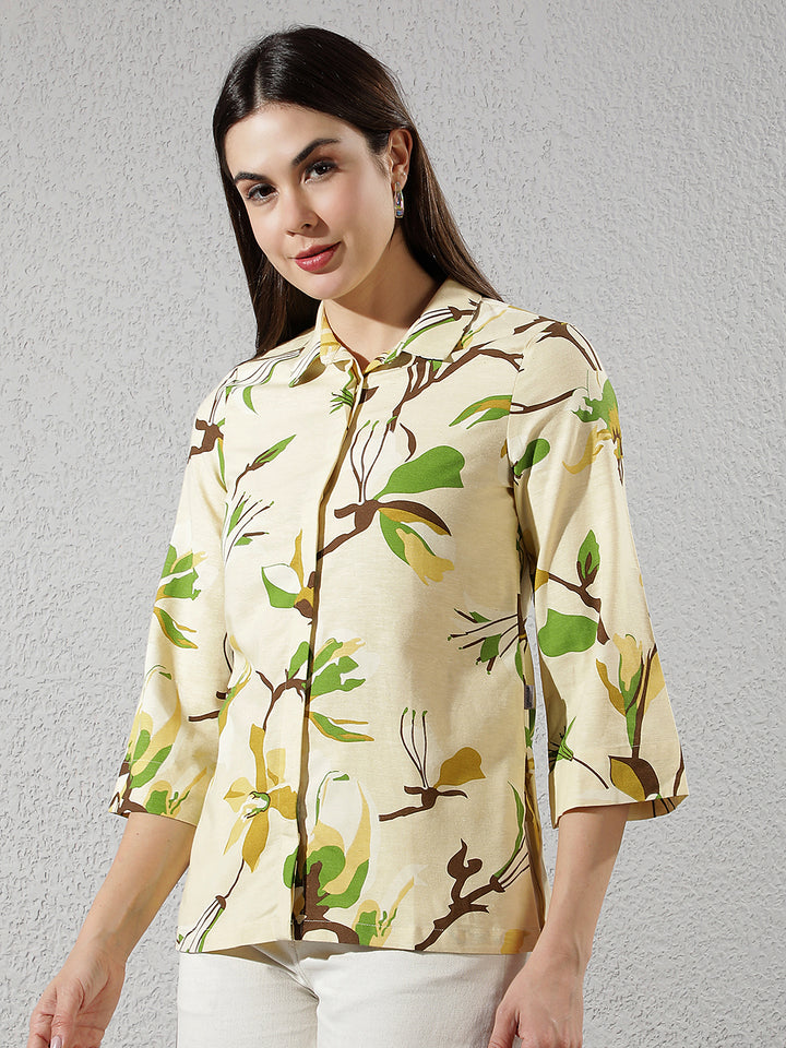 Mustard Floral Print Linen Shirt