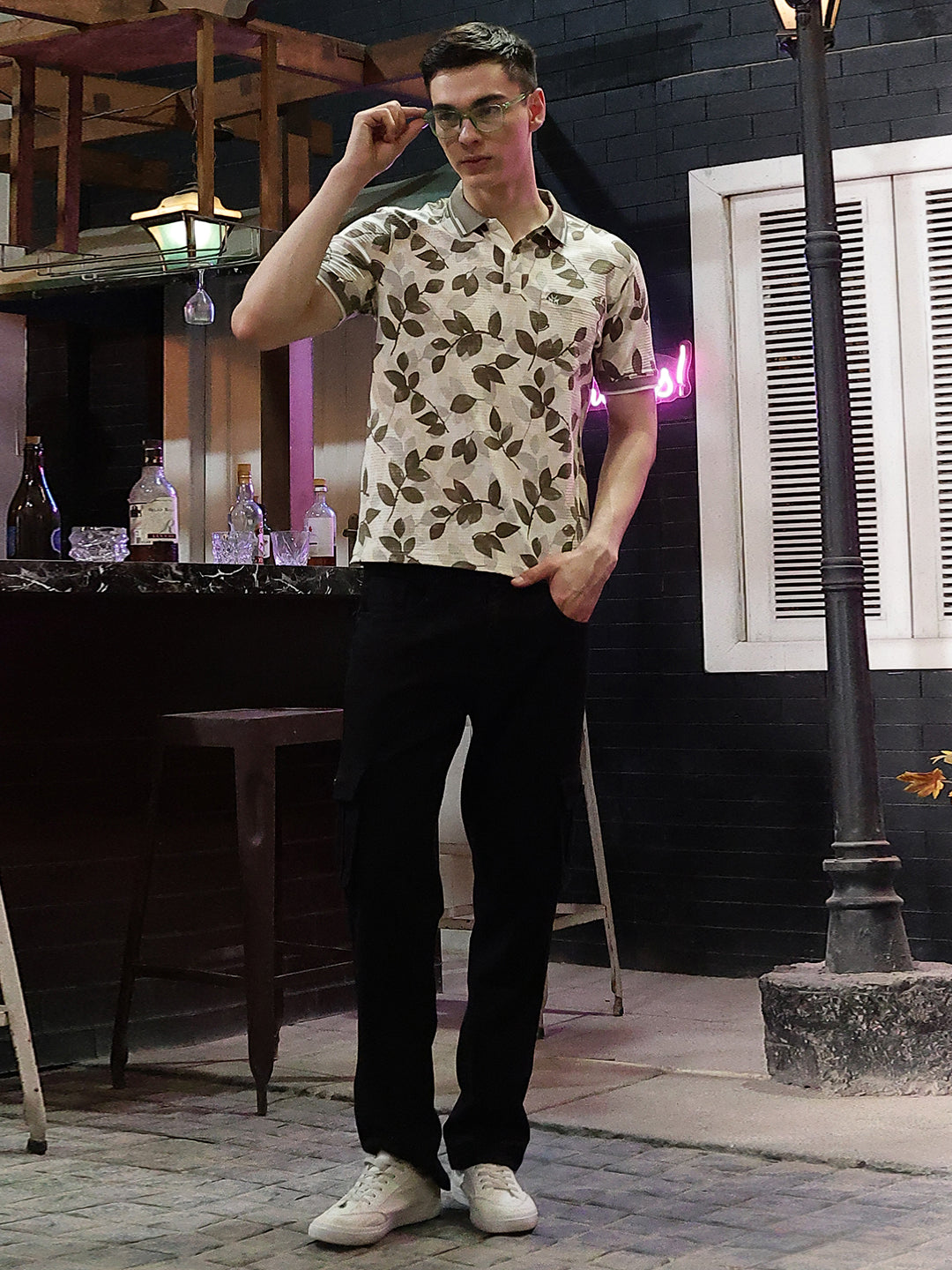 Beige Floral Print Polo Neck T-Shirt