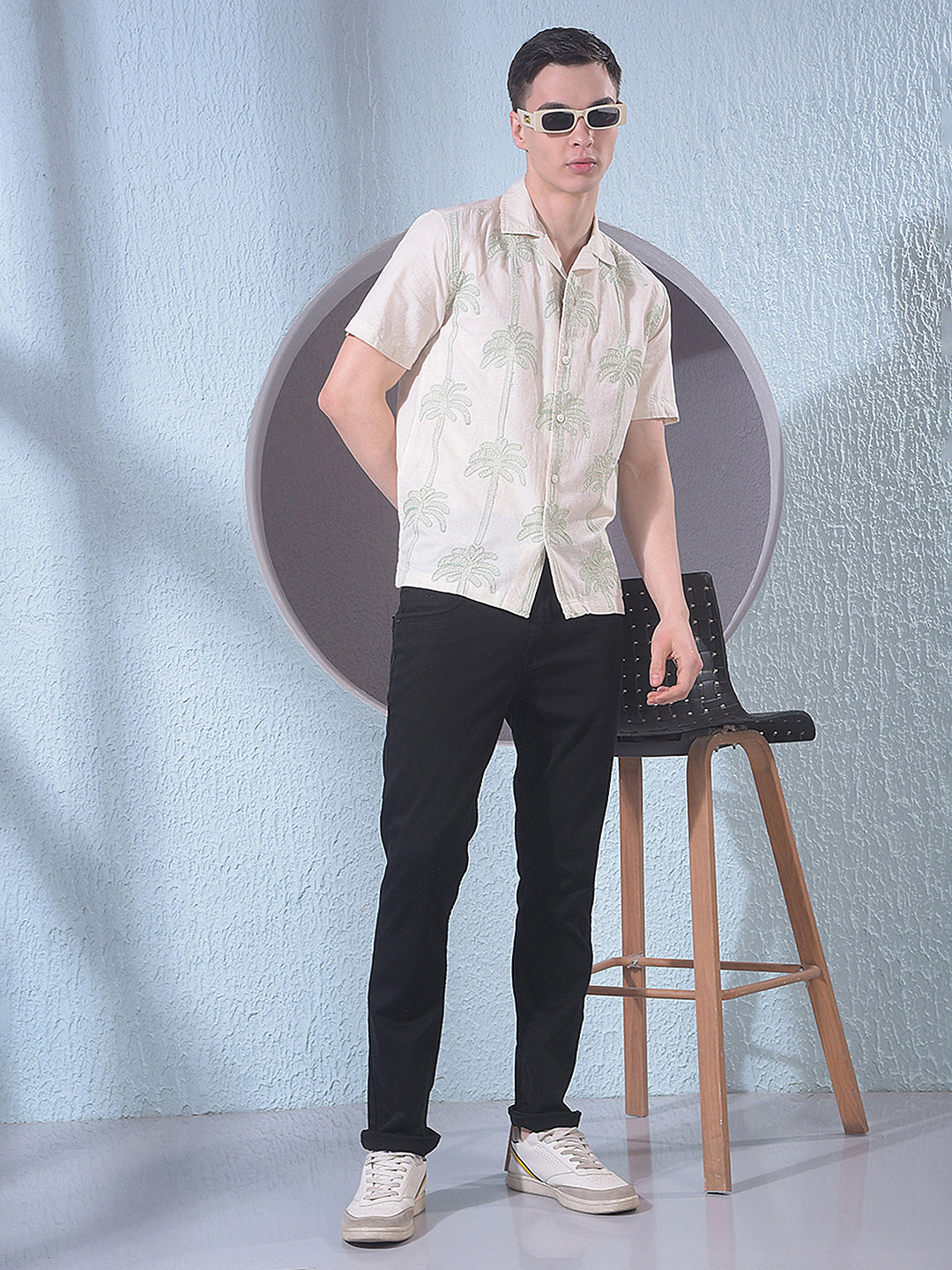 Beige Embroidered Resort-Collar Linen Shirt