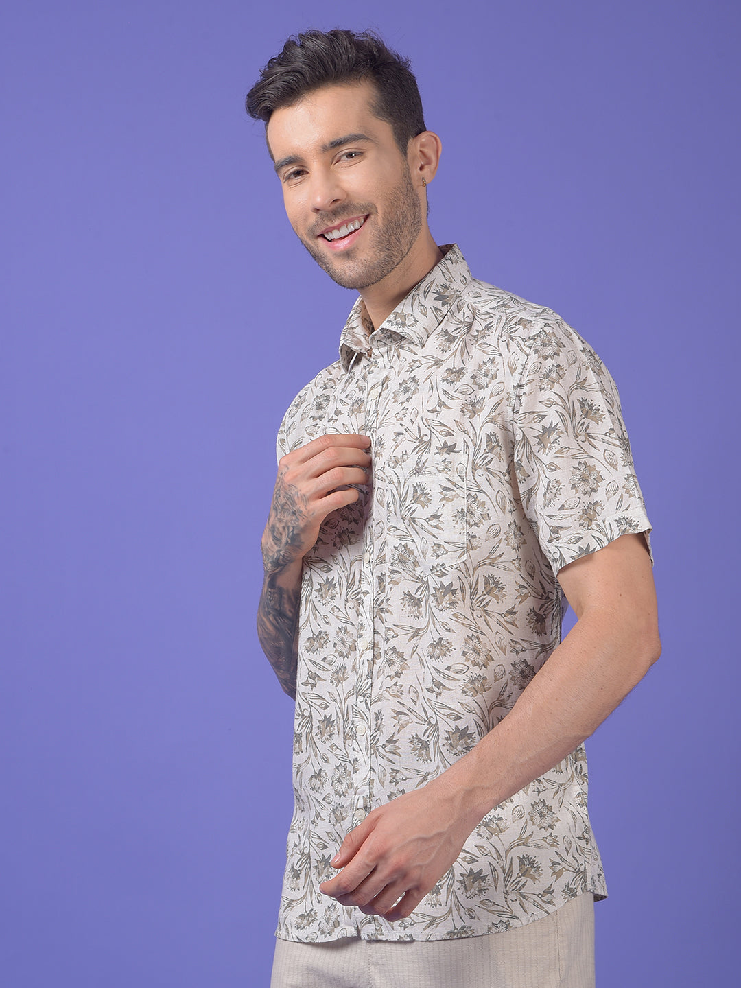 Olive Floral Print Linen Shirt