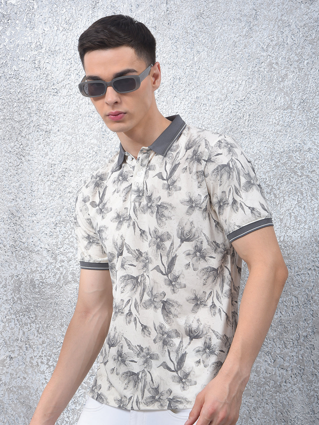 Grey Floral Print Polo Neck T-Shirt