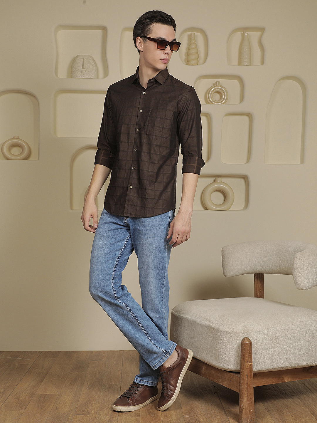 Brown Checked 100% Cotton Shirt