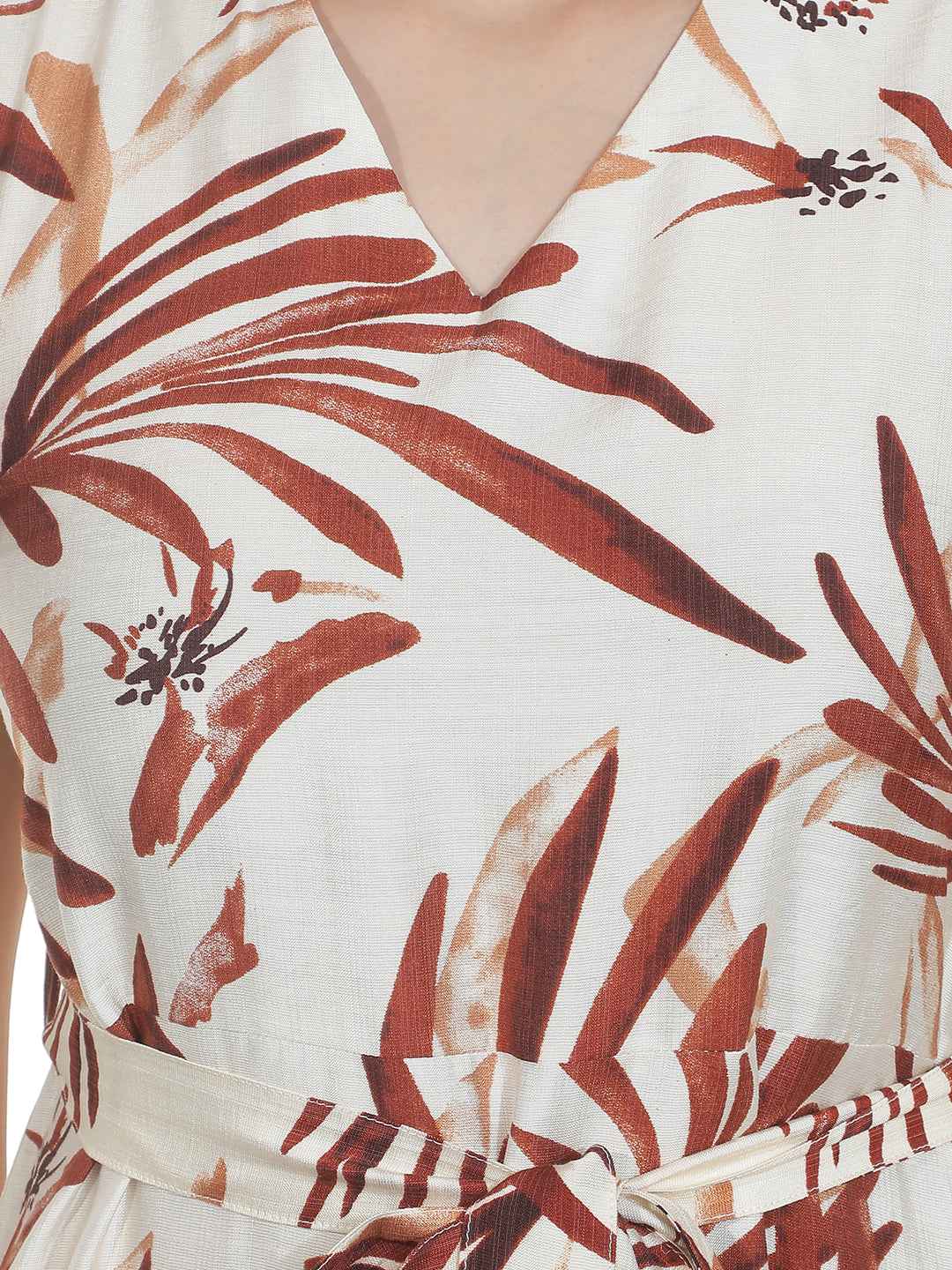 Red Floral Print V-Neck Flutter Dress With Belt
