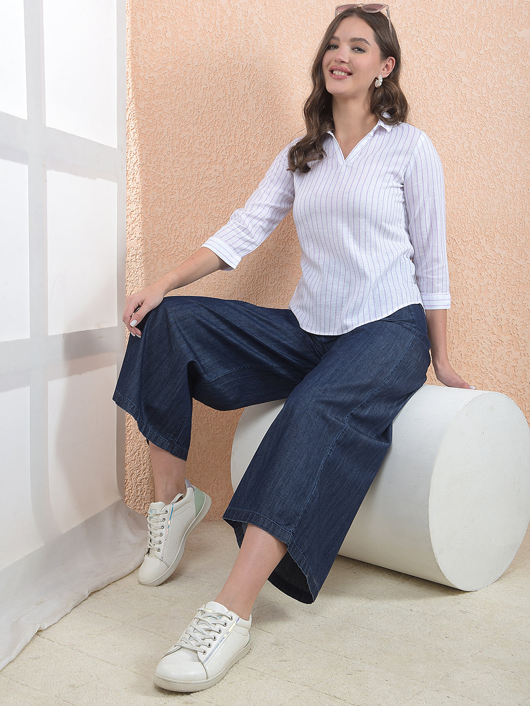 White Vertical Striped Linen Top