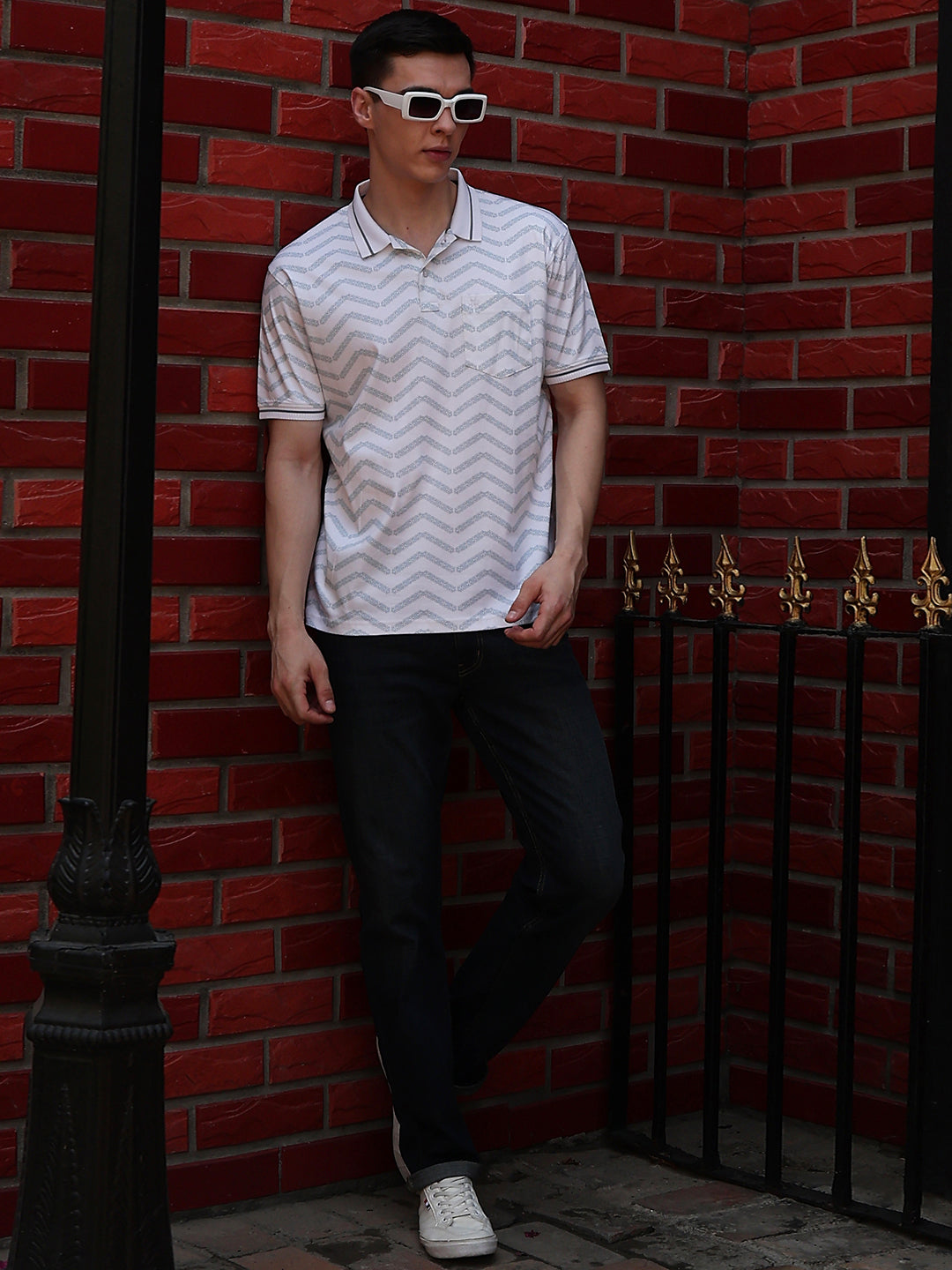 White Printed Polo Neck 100% Cotton T-Shirt