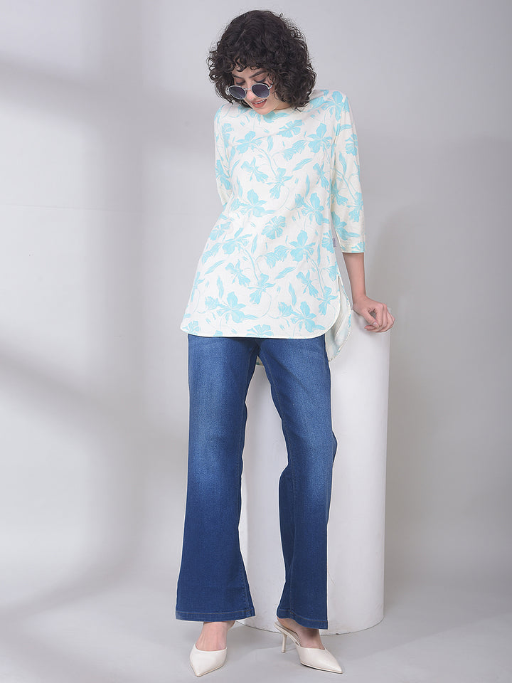 Blue Floral Print Linen Top