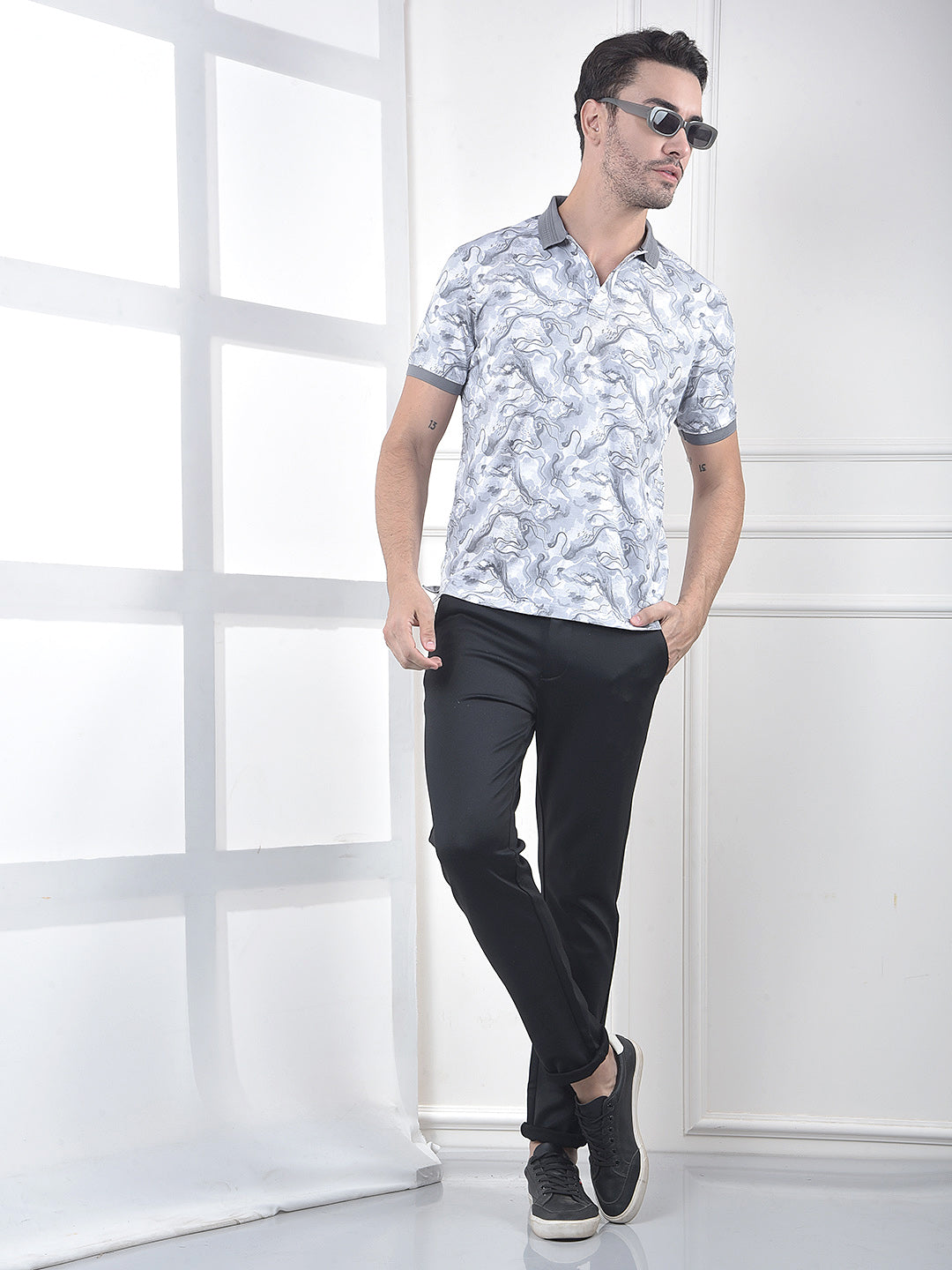 Grey Abstract Print Polo Neck T-Shirt