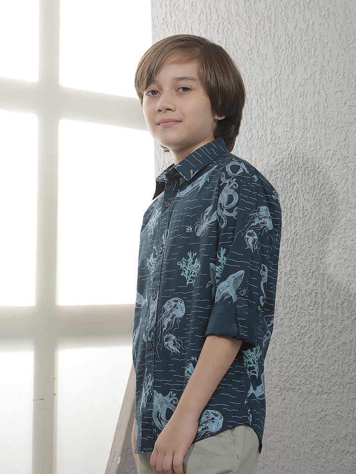 Teal Blue Graphic Print Shirt
