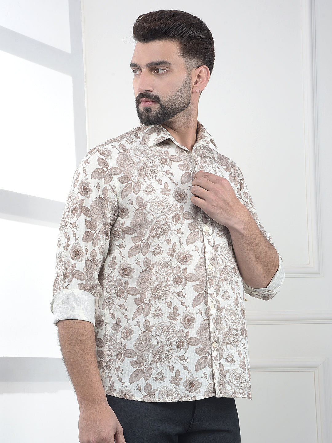 Brown Floral Print Linen Shirt
