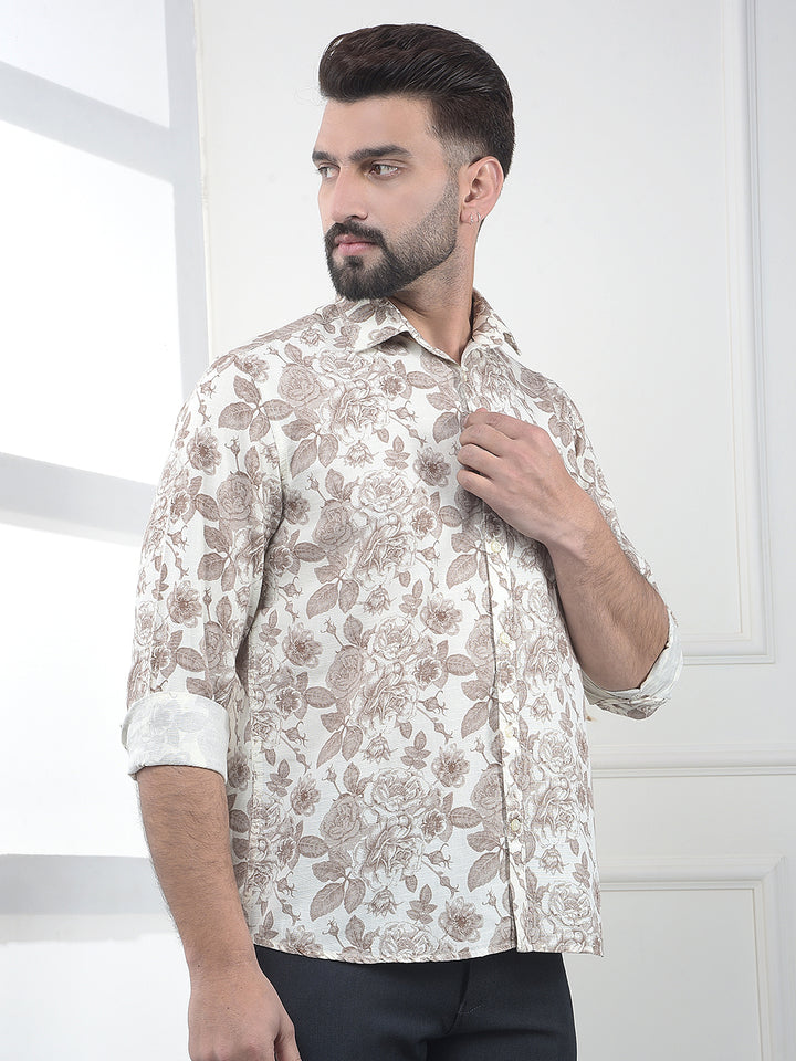 Brown Floral Print Linen Shirt