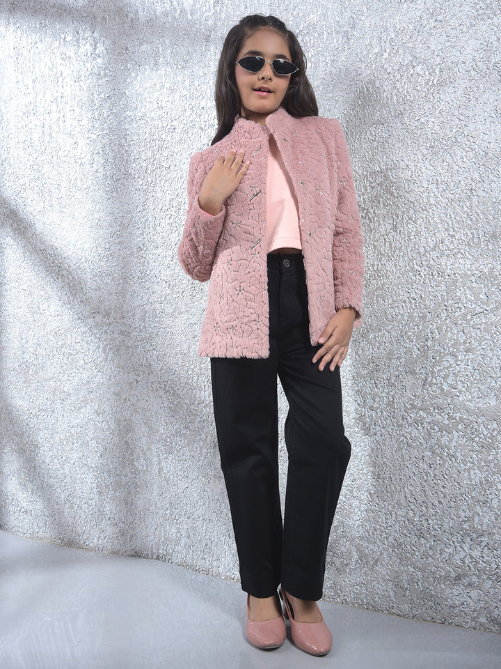 Dusty Pink Plush Embroidered Coat