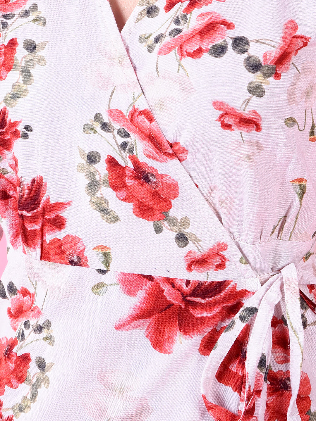 Red Floral Print V-Neck Linen Dress-Women Dress-Crimsoune Club