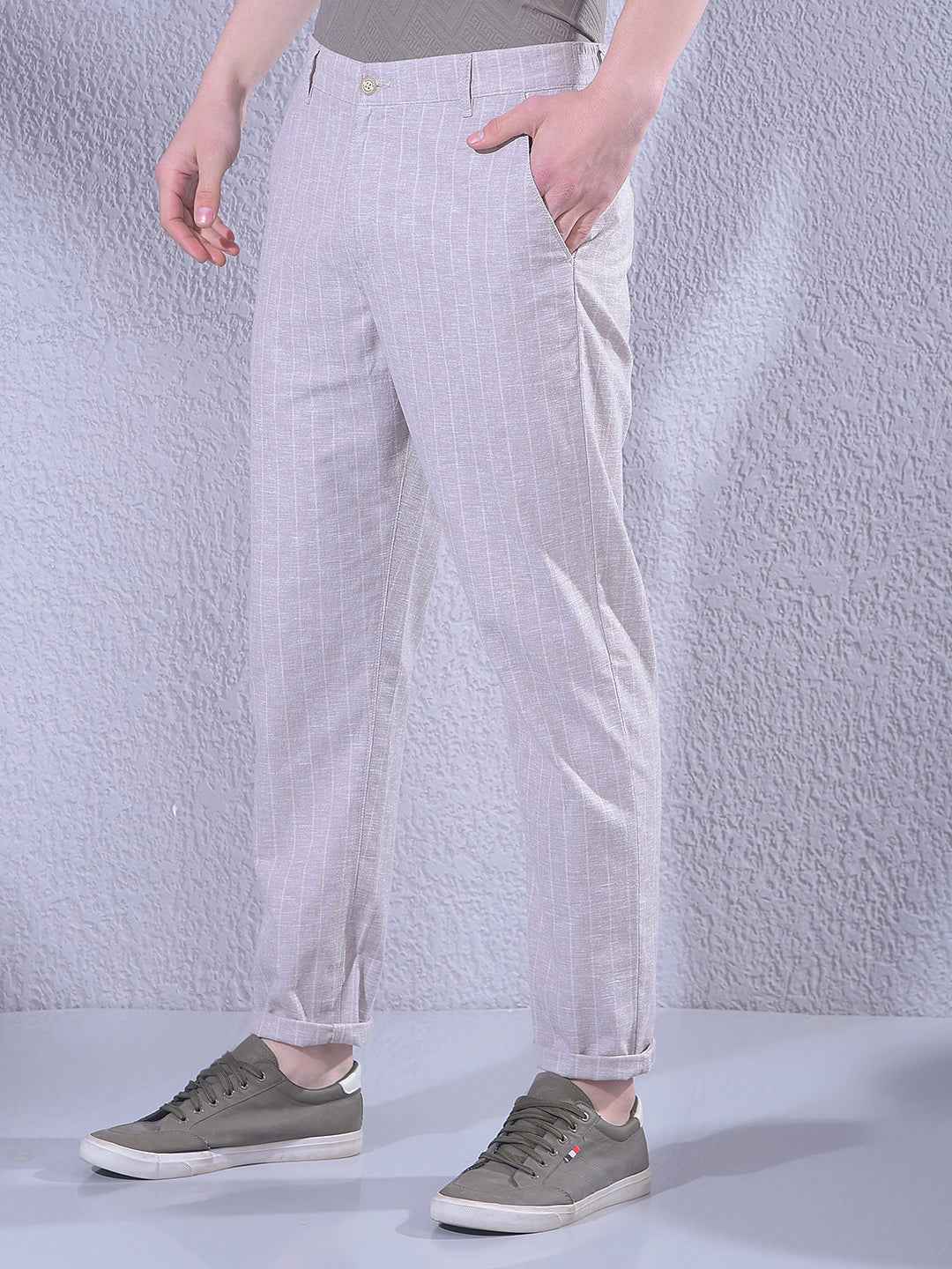 Khaki Vertical Striped Travel Fit Trousers