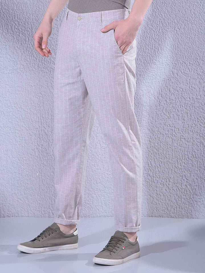 Khaki Vertical Striped Travel Fit Trousers