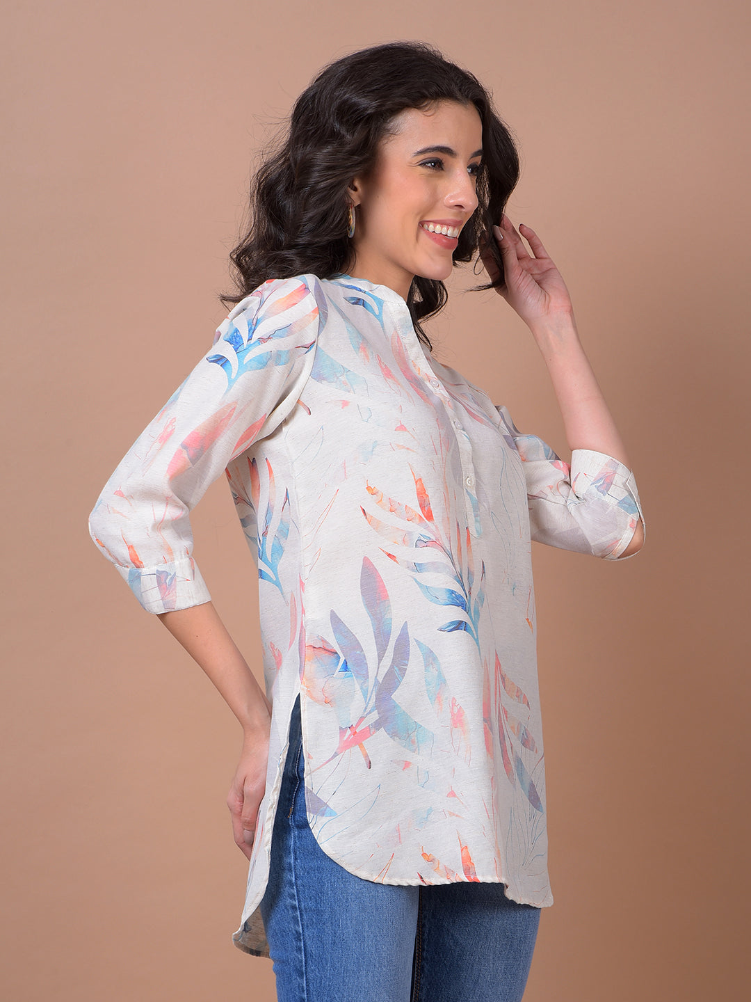 Orange Floral Print V-Neck Linen Top