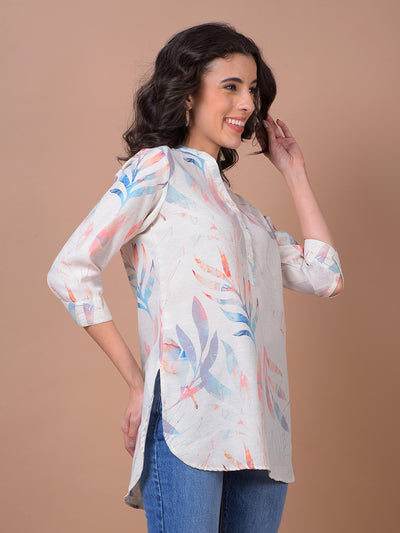 Orange Floral Print V-Neck Linen Top