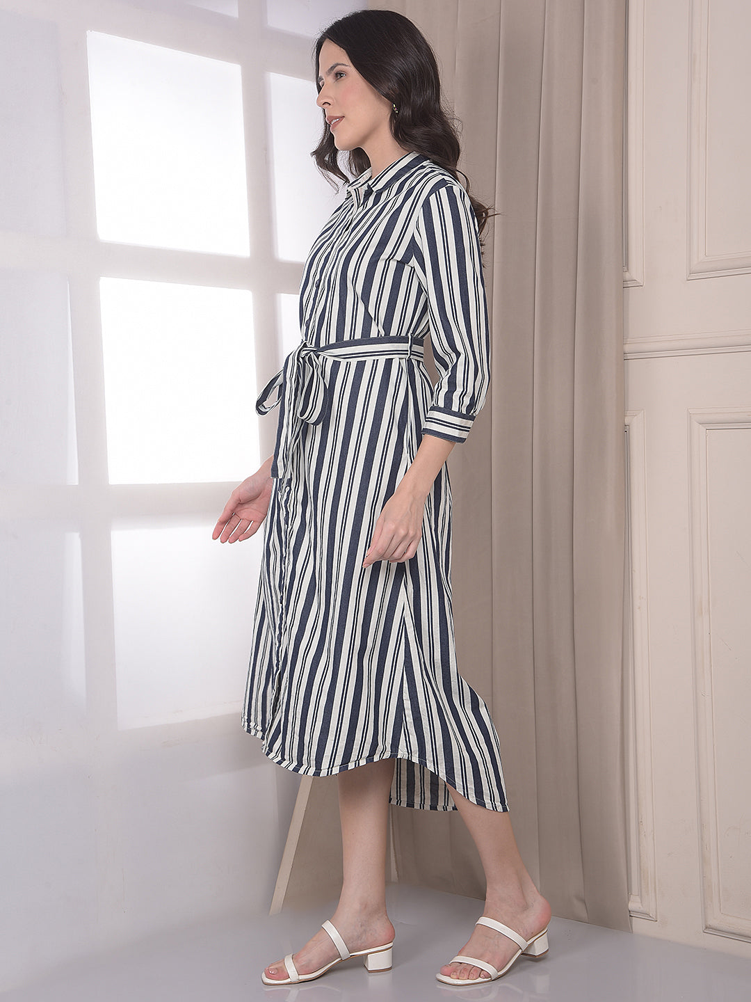 Blue Vertical Striped 100% cotton Shirt Dress