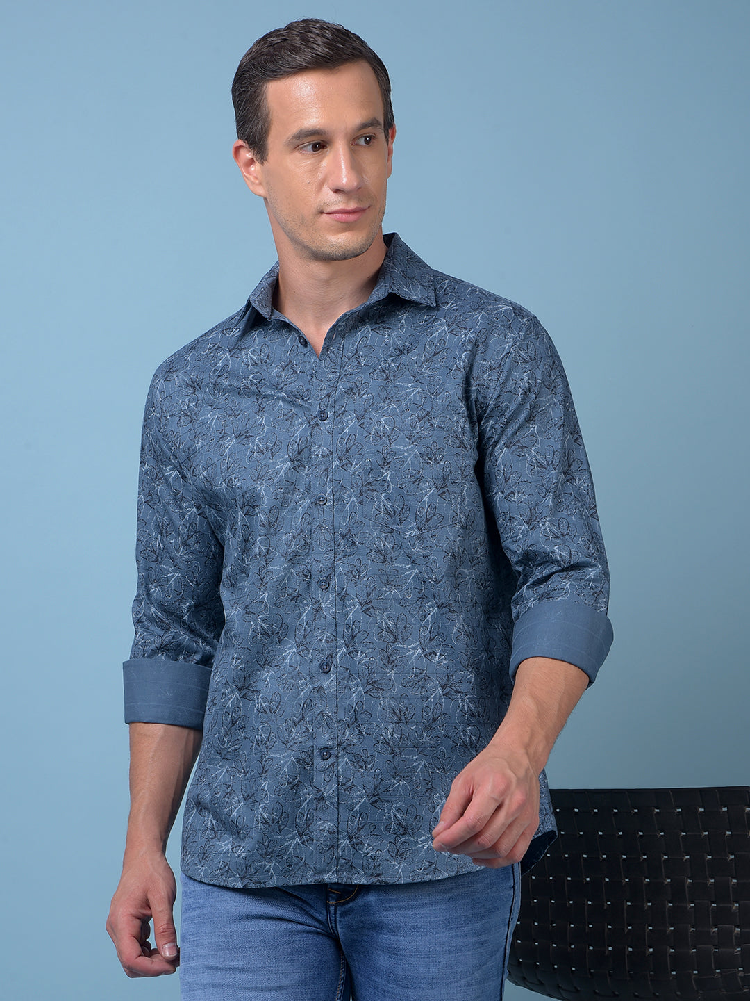 Blue Floral Print 100% Cotton Shirt