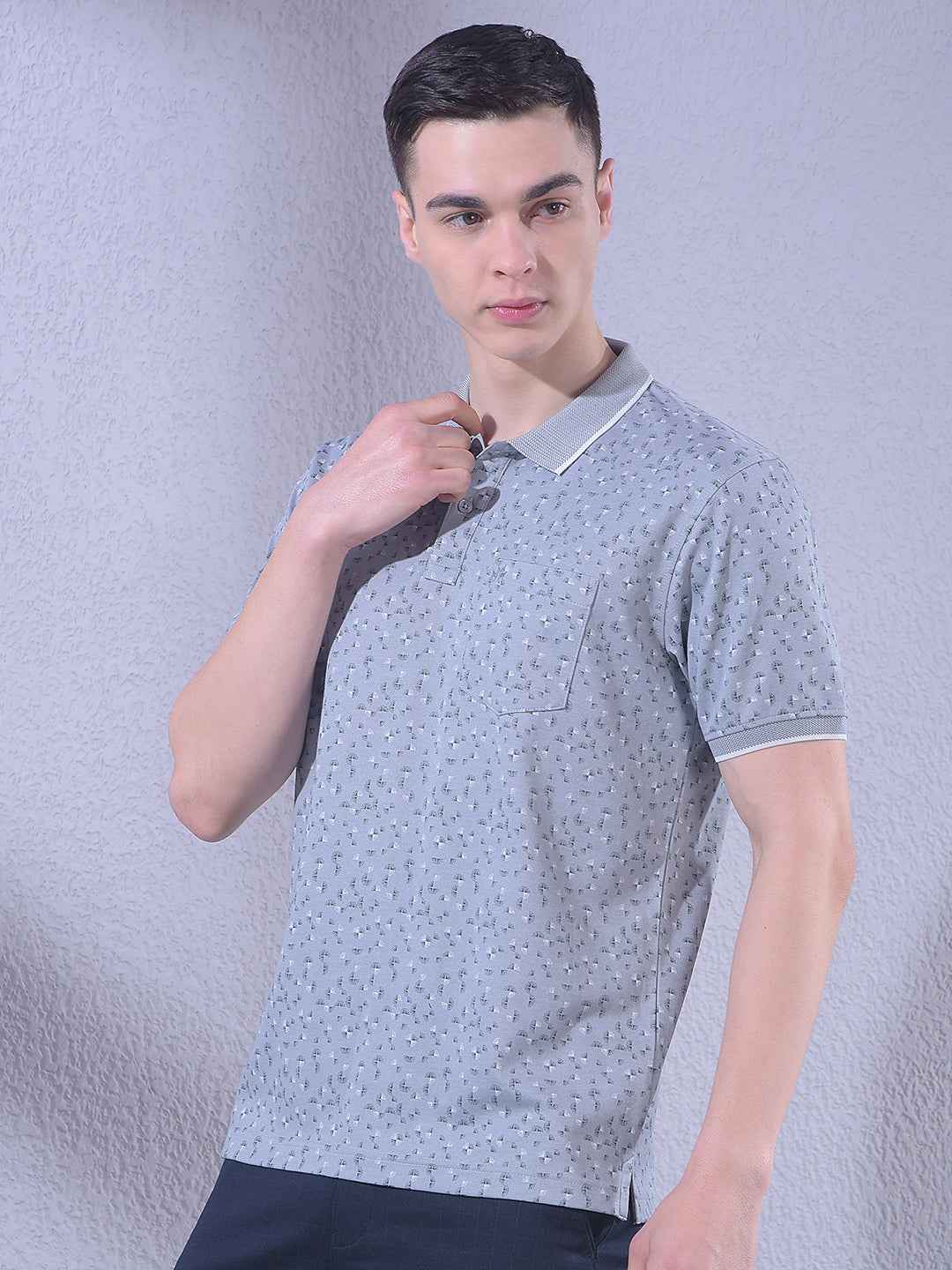 Grey Printed Polo Neck T-Shirt