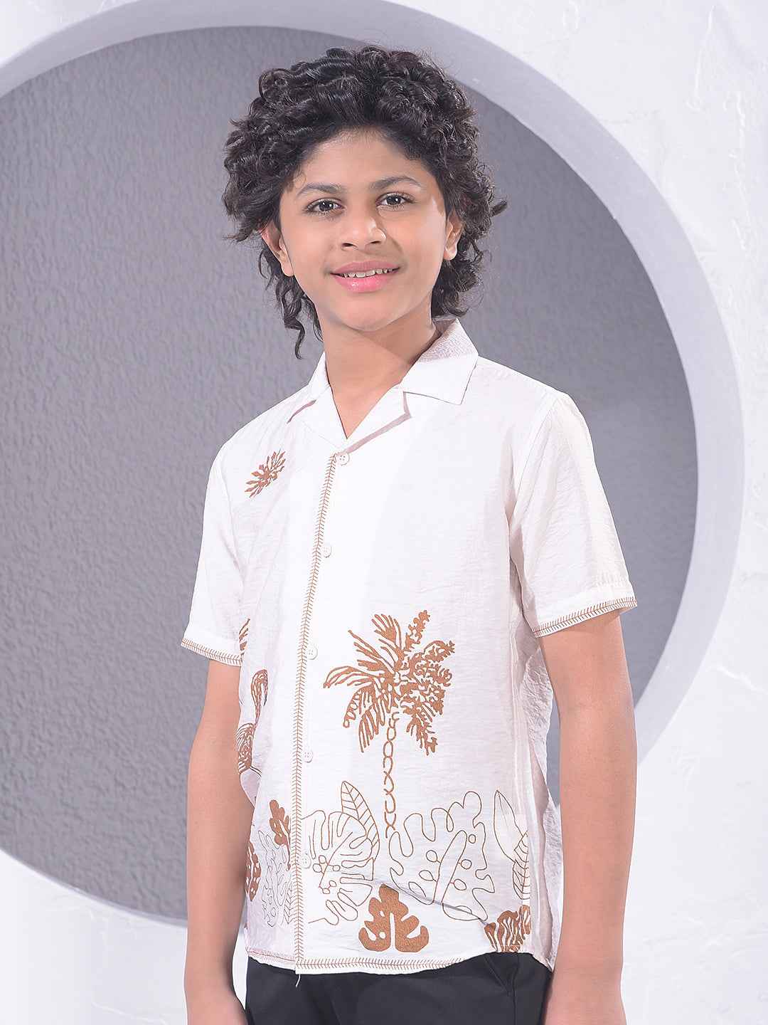 Brown Floral Print Resort-Collar Shirt