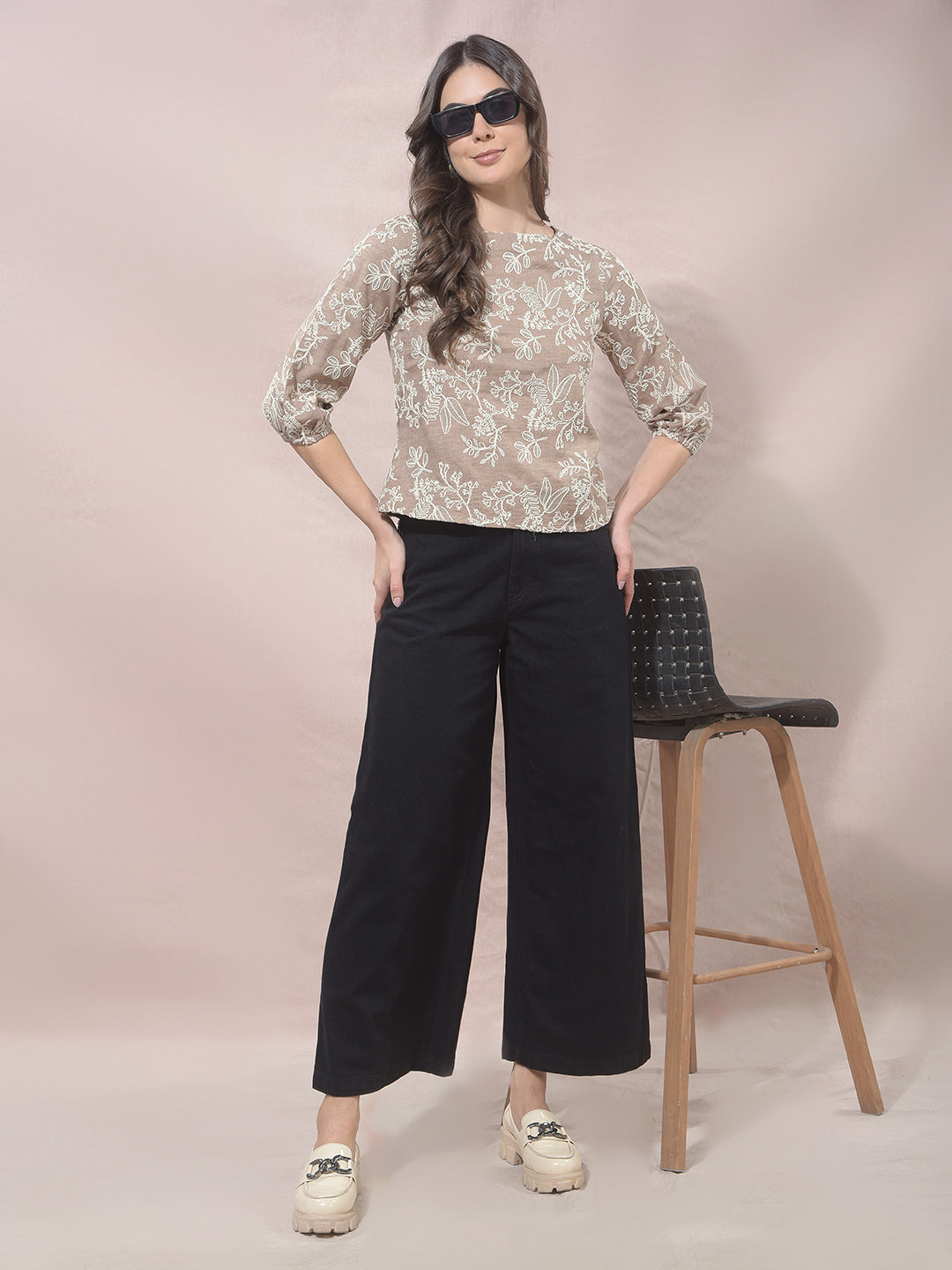 Beige Floral Embroidered Top