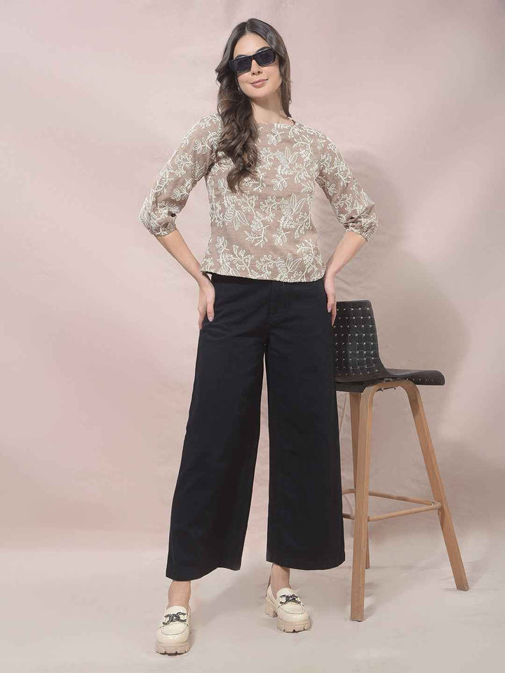 Beige Floral Embroidered Top