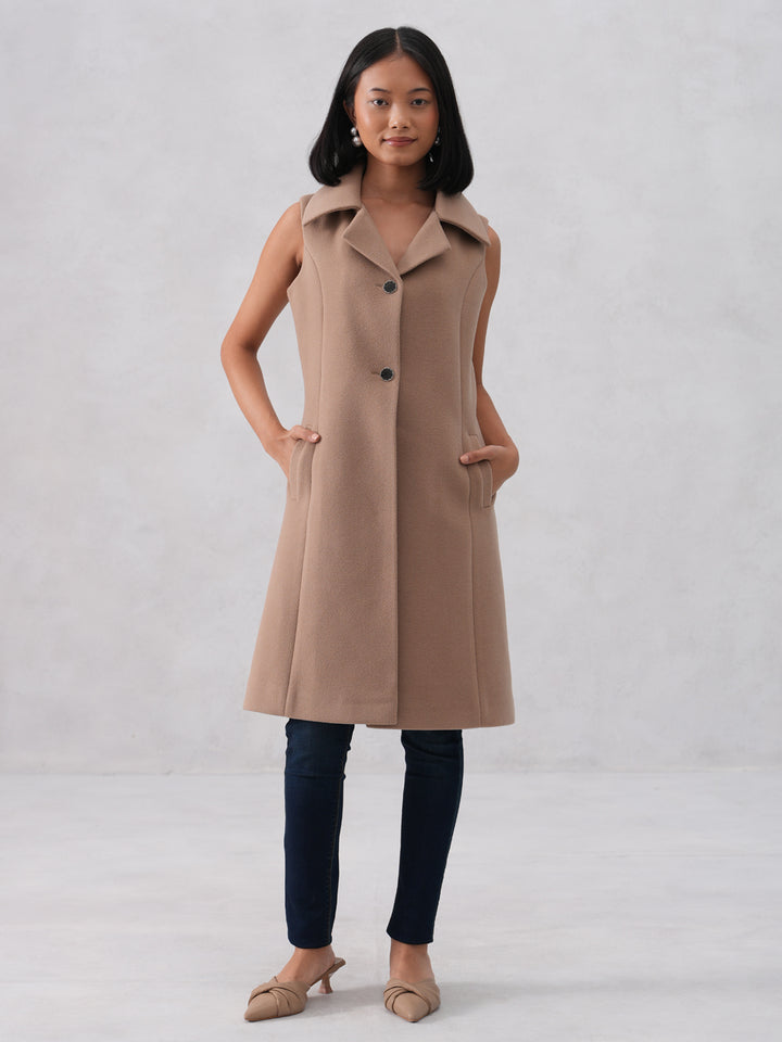 Beige Notched-Lapel Sleeveless Over-Coat