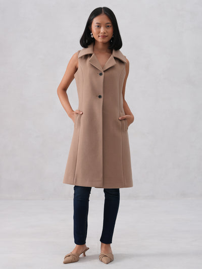 Beige Notched-Lapel Sleeveless Over-Coat