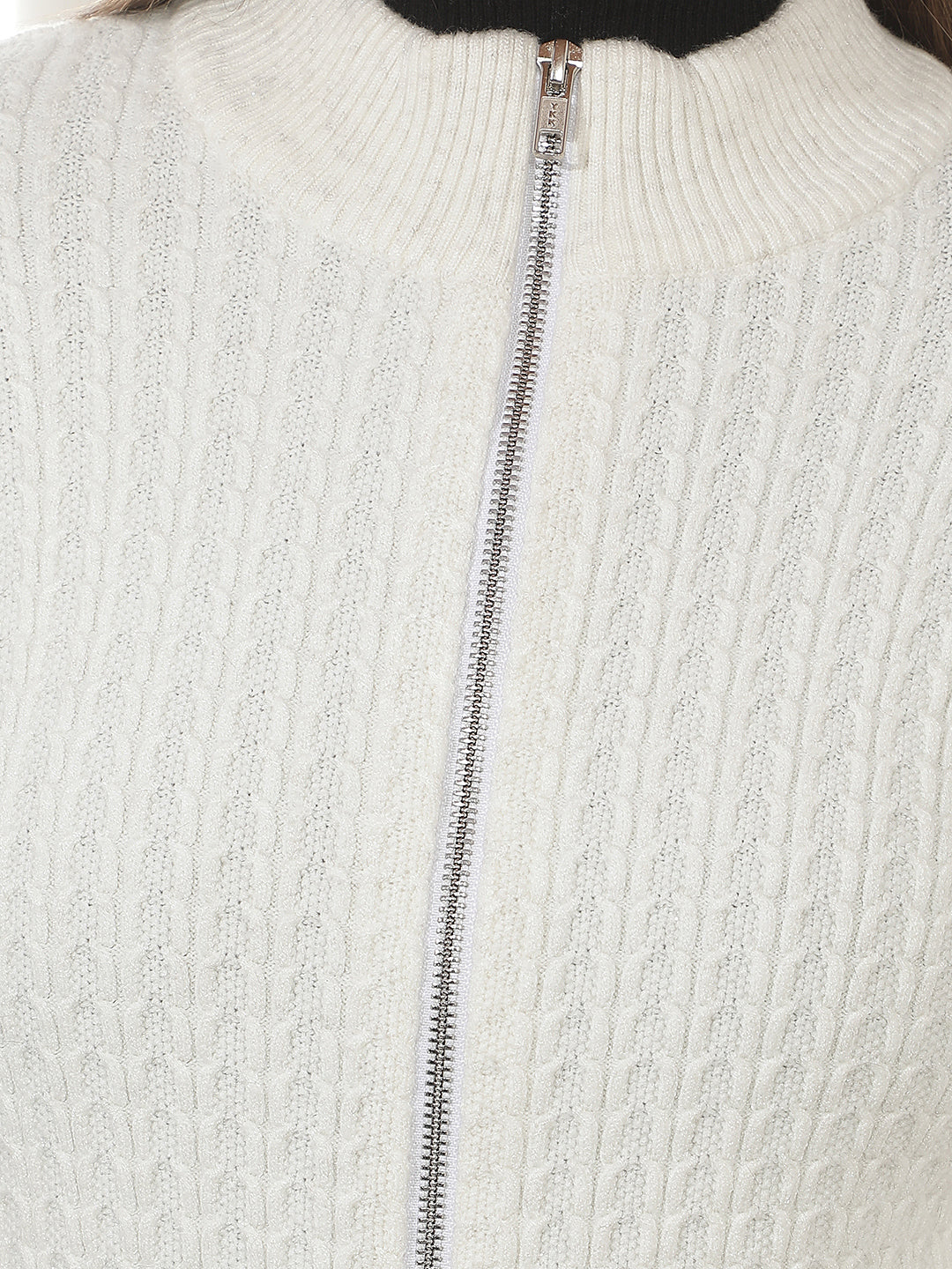 Off White Jacquard Mock Neck Sweater