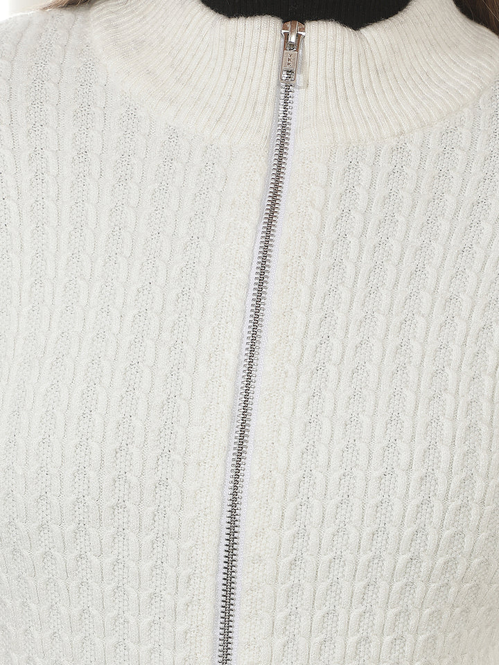 Off White Jacquard Mock Neck Sweater
