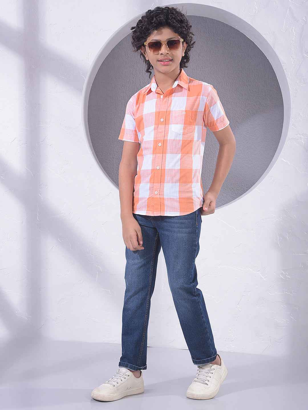 Orange Checked 100% Cotton Shirt