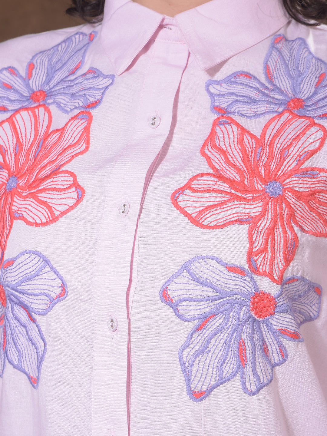Structured Coral Pink Embroidered Shirt